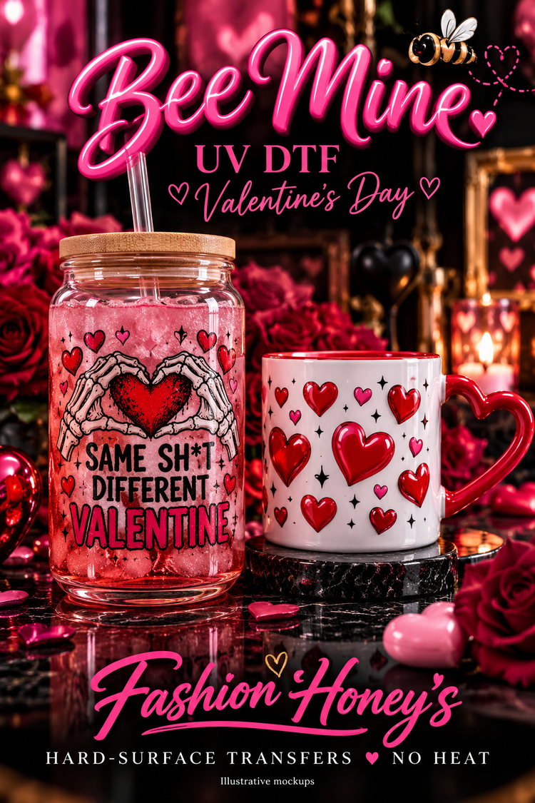 Bee Mine | UV DTF Valentine's Day — hard-surface transfer illustrative mockups