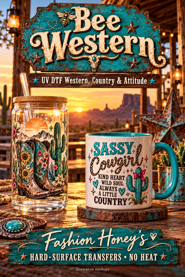 Bee Western | UV DTF Western, Country & Attitude — hard-surface transfer illustrative mockups