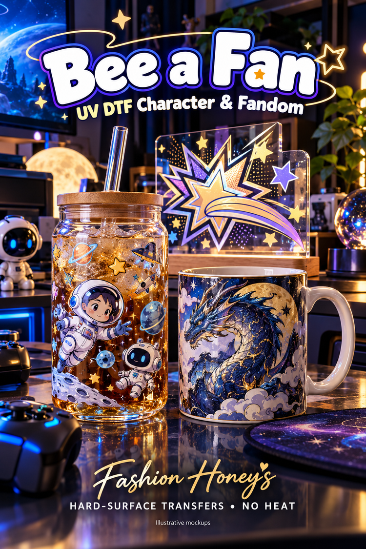 Fashion Honey’s Bee a Fan UV DTF Character and Fandom hard-surface transfer collection