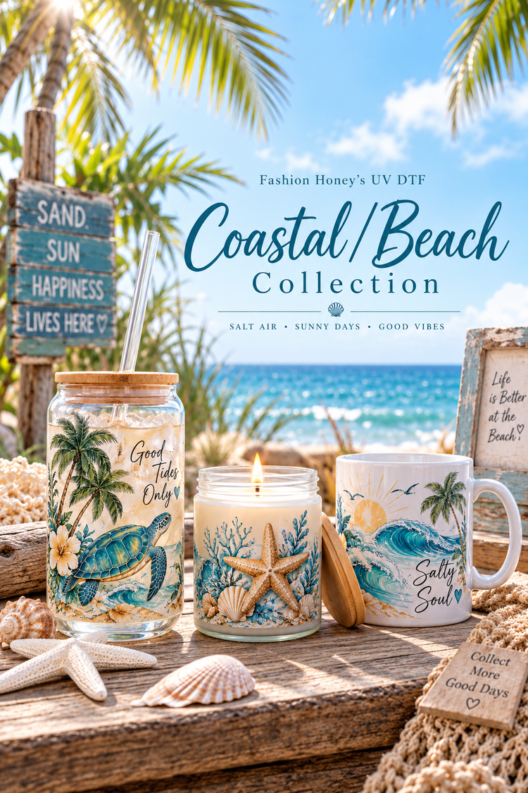 Bee Coastal | UV DTF Ocean, Beach & Tropical — full-frame portrait collection cover featuring UV DTF designs for cups, mugs and candle jars