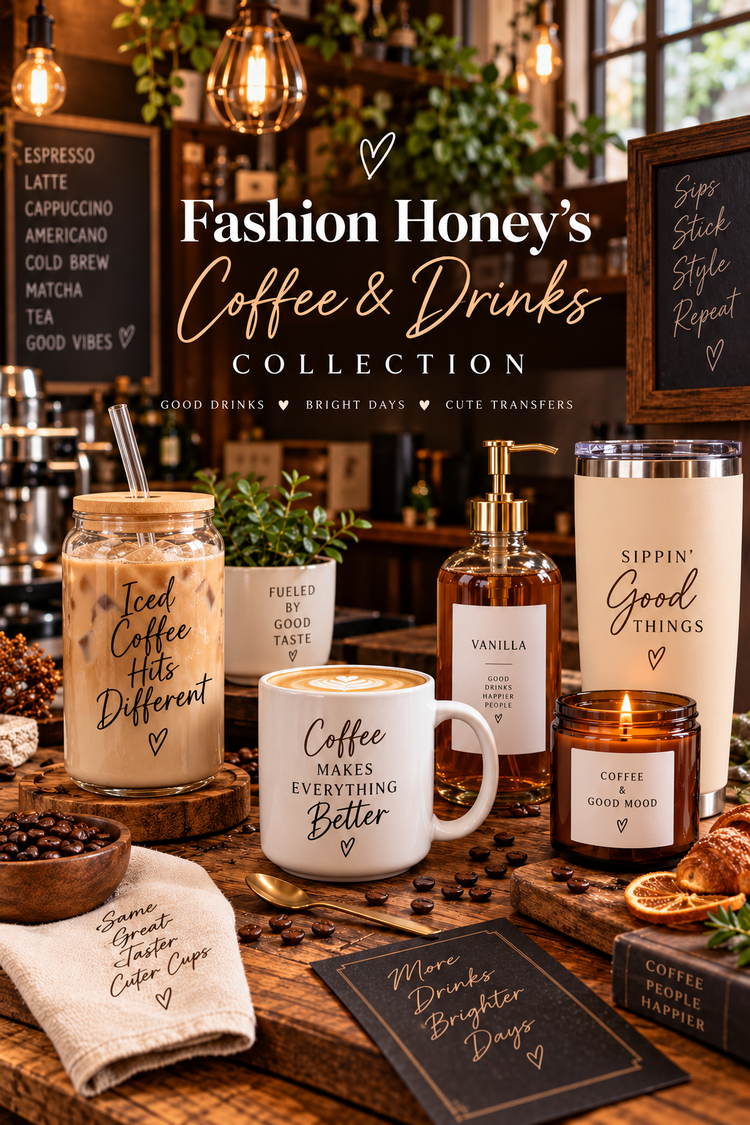 Bee Caffeinated | UV DTF Coffee & Drinks — full-frame portrait collection cover for customizable UV DTF hard-surface transfers