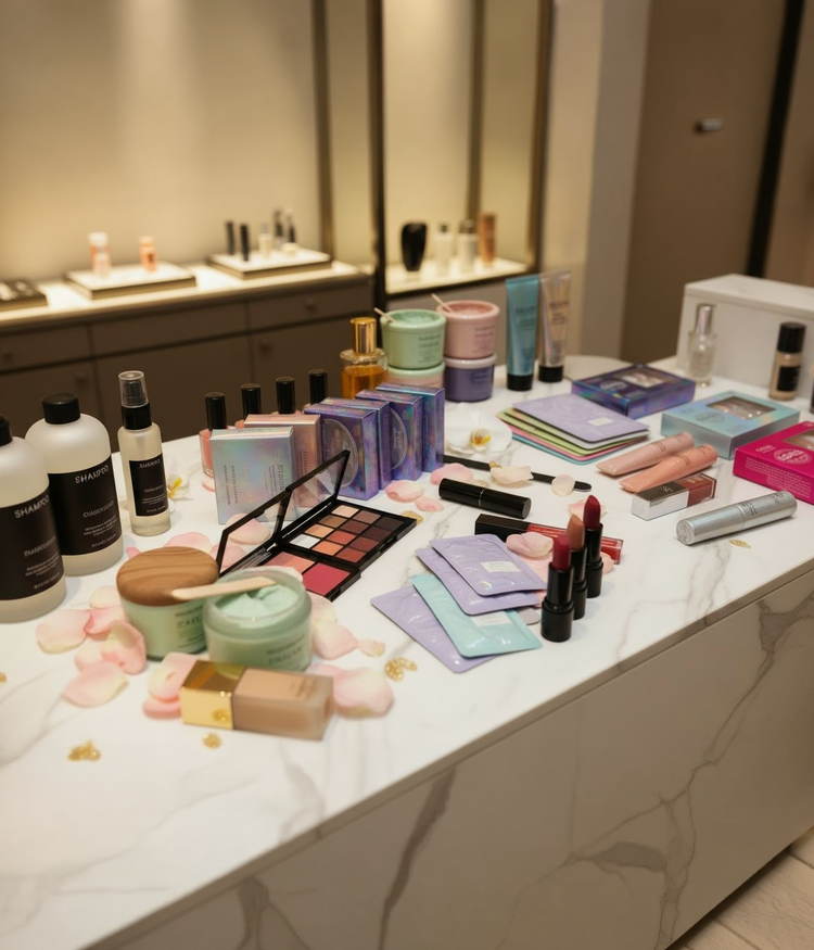 beauty products collection artwork with matching expanded background