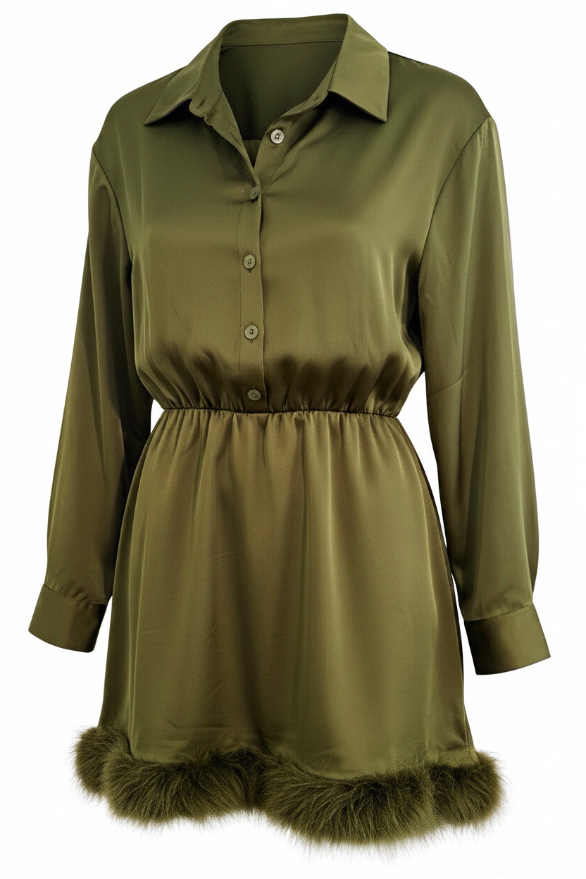 NWT - CIDER Green Satin Collared Long Sleeve Button up Faux Fur Hem Mini Dress L - Image 1