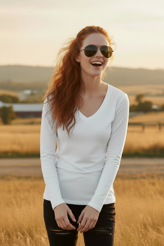 Solid Knit V-Neck Long Sleeve Top