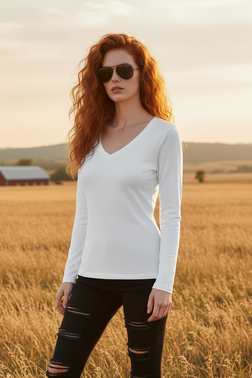 Solid Knit V-Neck Long Sleeve Top