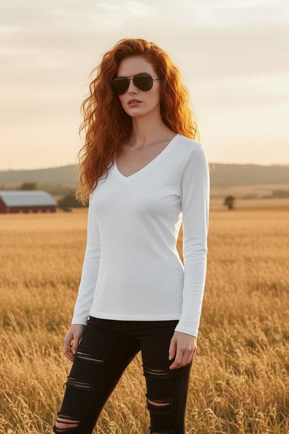 Solid Knit V-Neck Long Sleeve Top