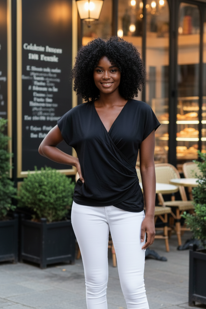 V-Neck Cap Sleeve Draped Top
