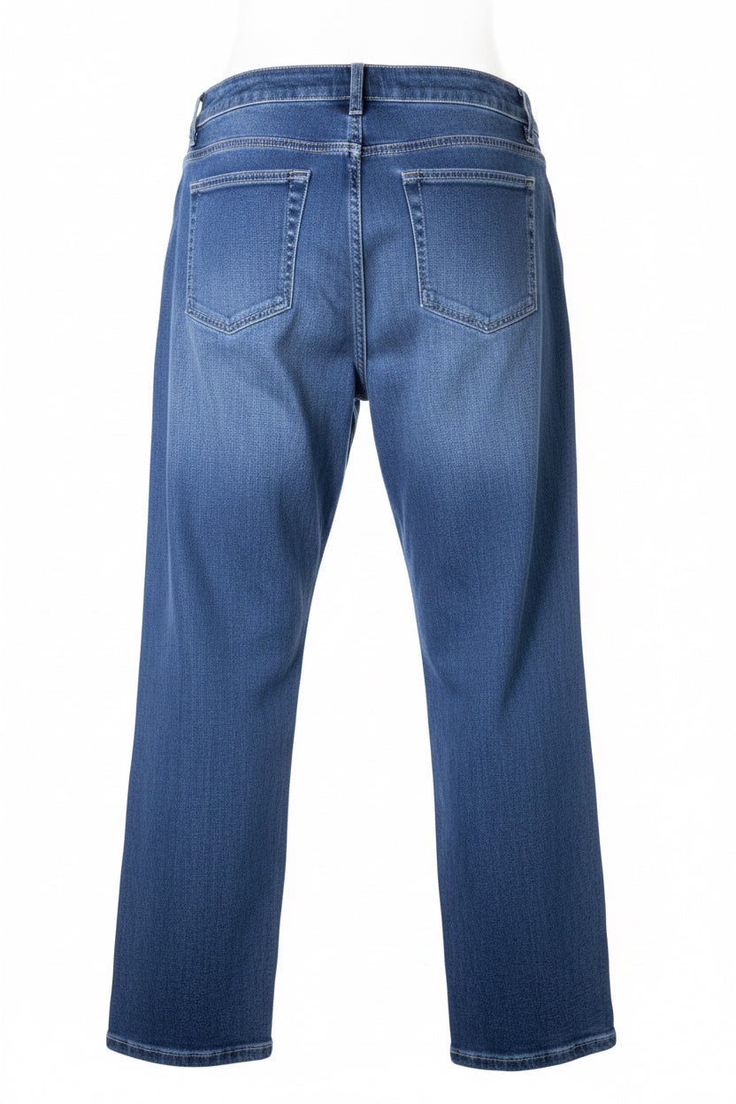 Women’s Medium Wash Blue Solid Barrel Denim Jeans, Stretch, Pockets, L - Image 3
