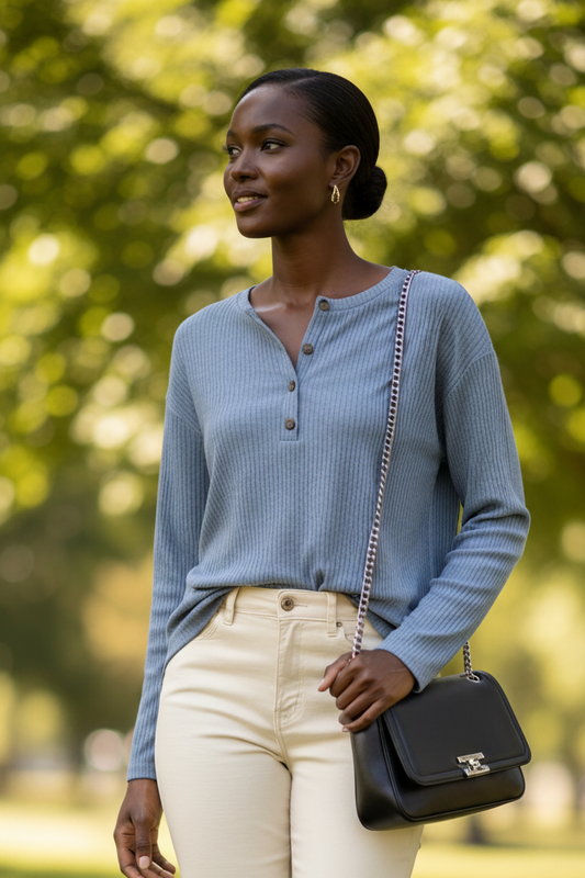 Long Sleeve Ribbed Knit Henley Top