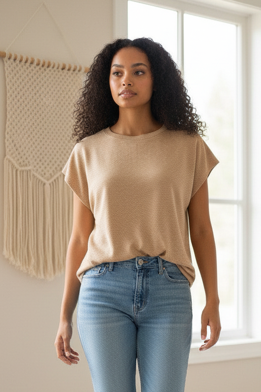 Sheer-Like Knit Crew Neck Top