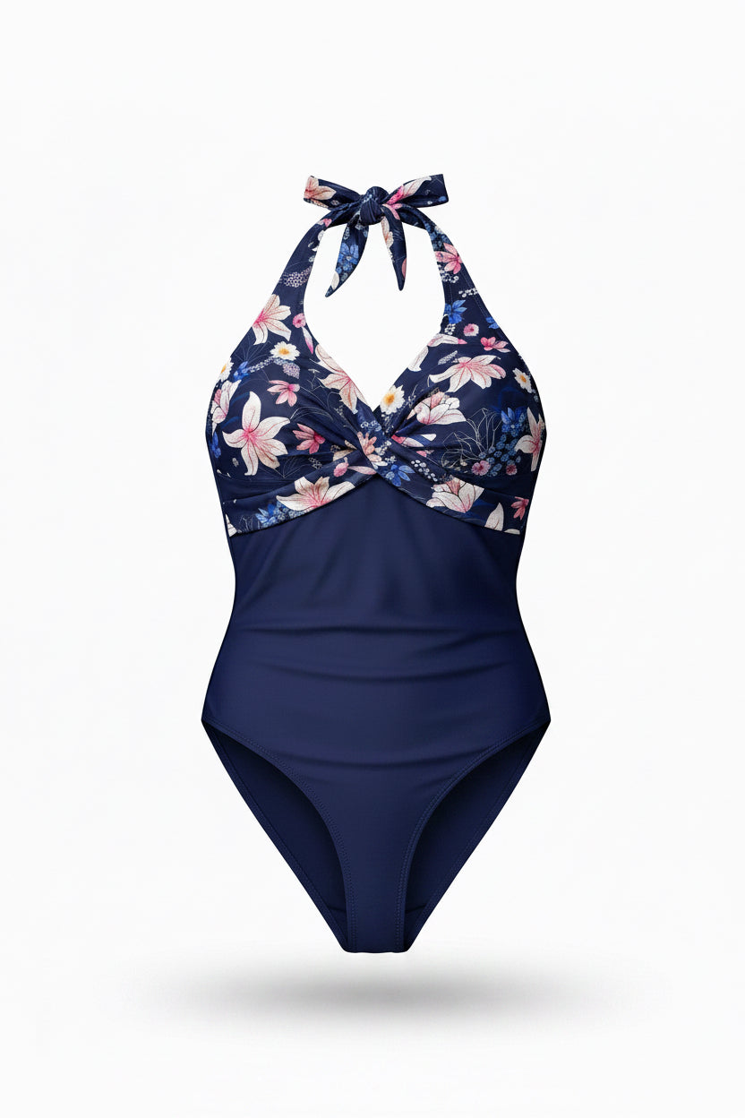 NWT Size M - Women's Blue Pink White Floral Halter One-Piece Swimsuit - Image 2