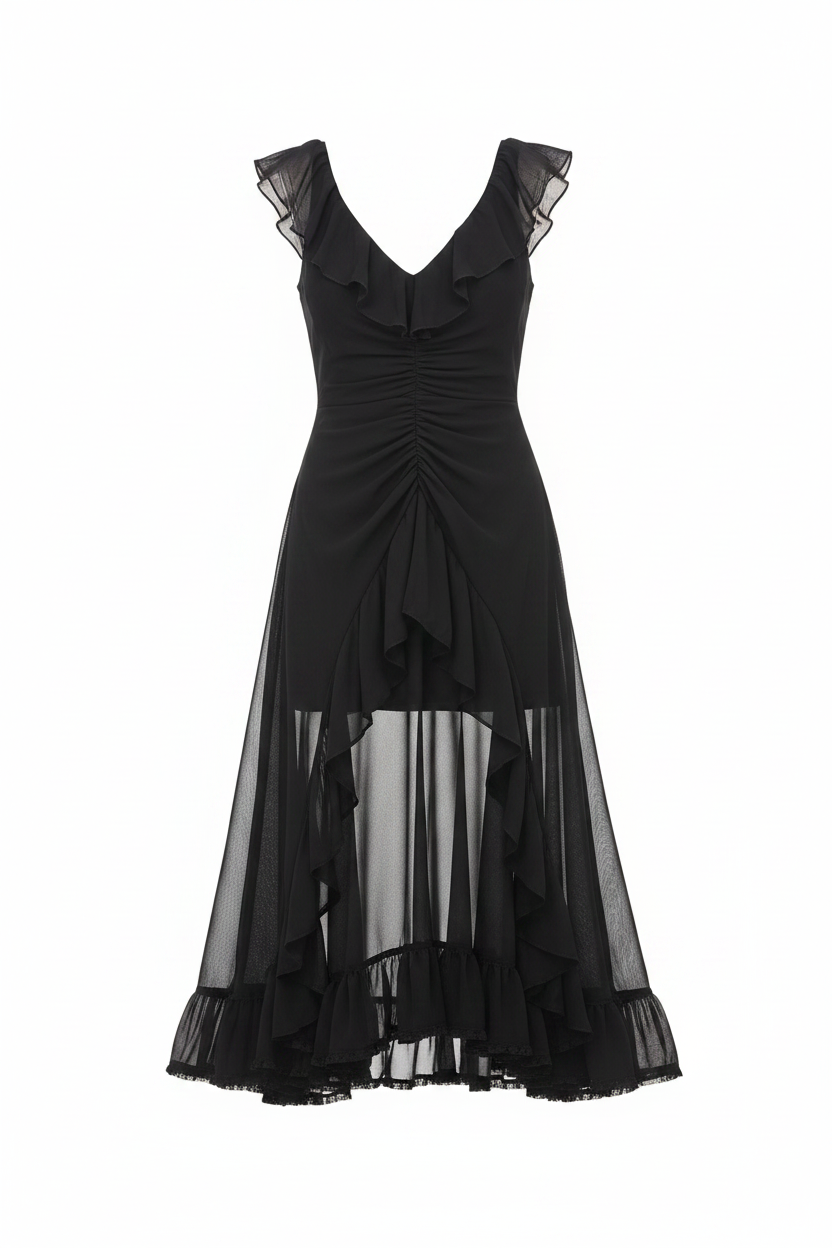 Black Chiffon Ruched Ruffle Dress
