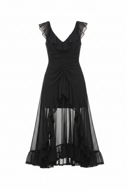 Black Chiffon Ruched Ruffle Dress