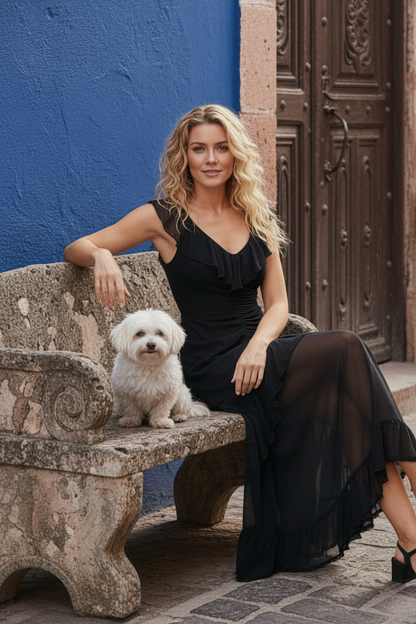Black Chiffon Ruched Ruffle Dress