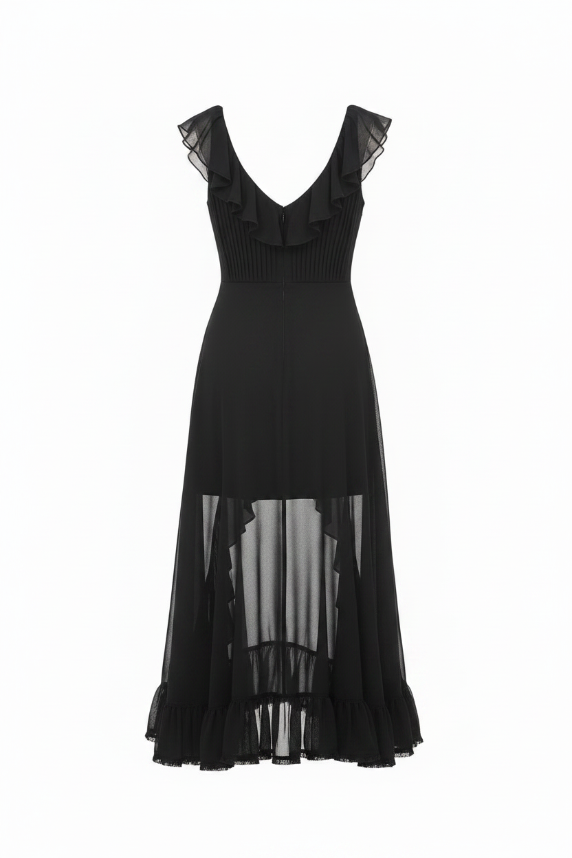 Black Chiffon Ruched Ruffle Dress