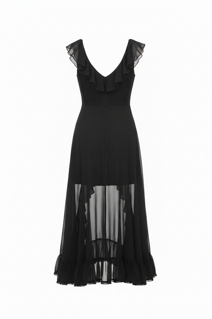 Black Chiffon Ruched Ruffle Dress