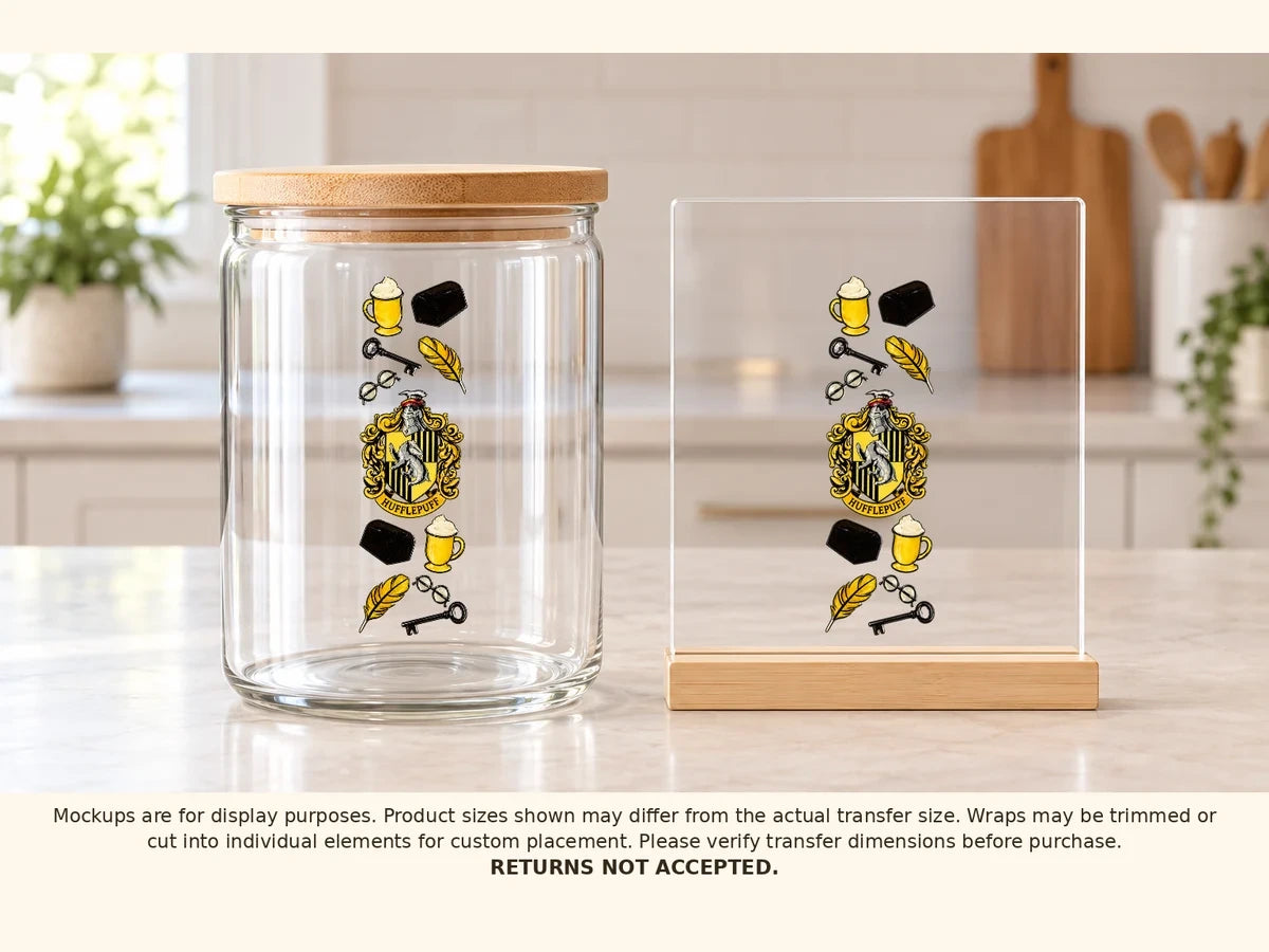 Hufflepuff UV DTF transfer shown on a glass jar and acrylic sign
