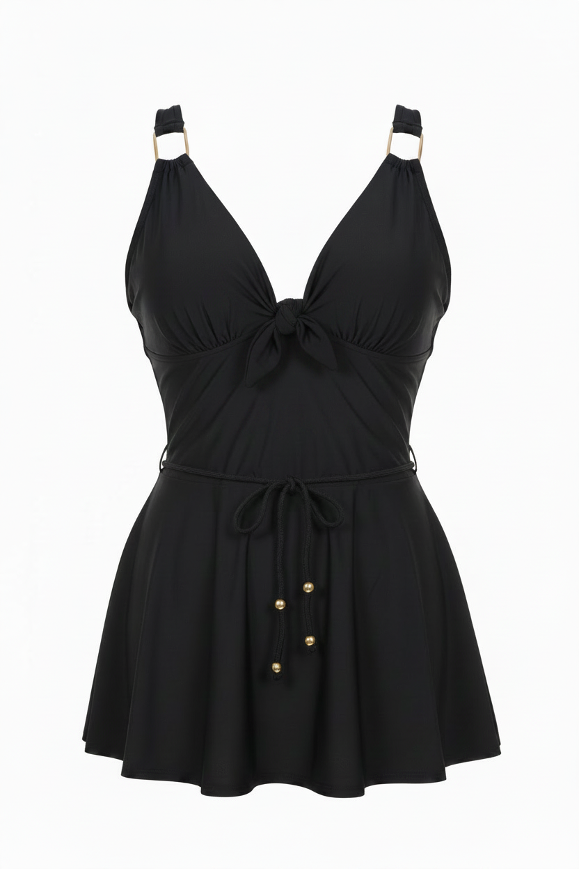 Black Belted Shaping Swim Dress