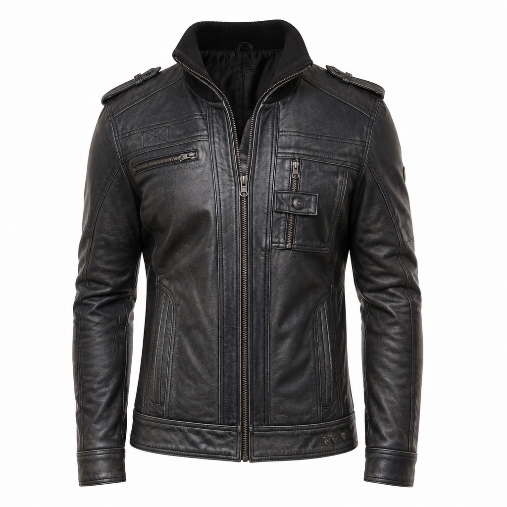 Stone Black Leather Biker Jacket