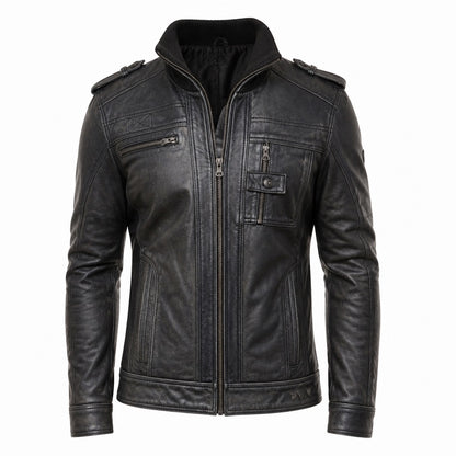Stone Black Leather Biker Jacket