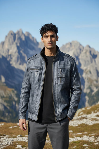 Stone Black Leather Biker Jacket