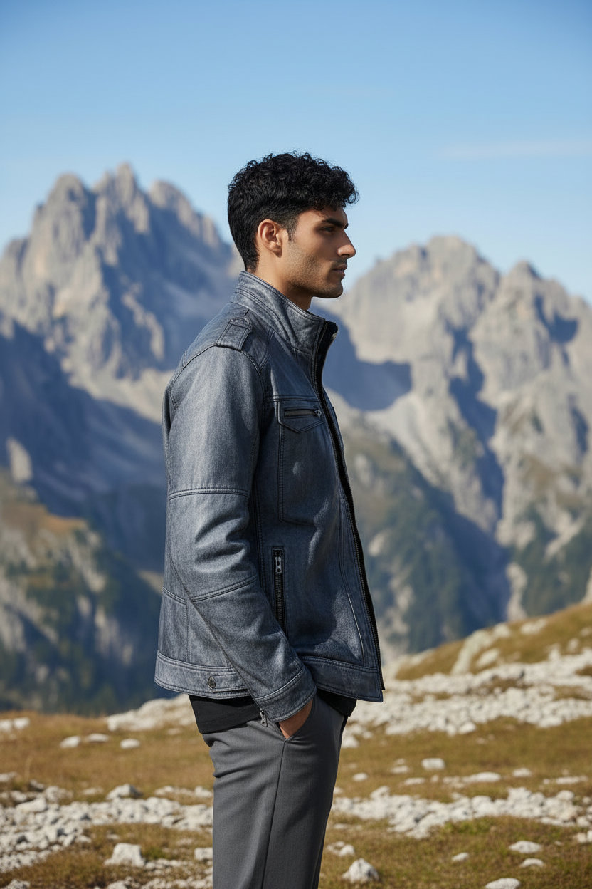 Stone Black Leather Biker Jacket
