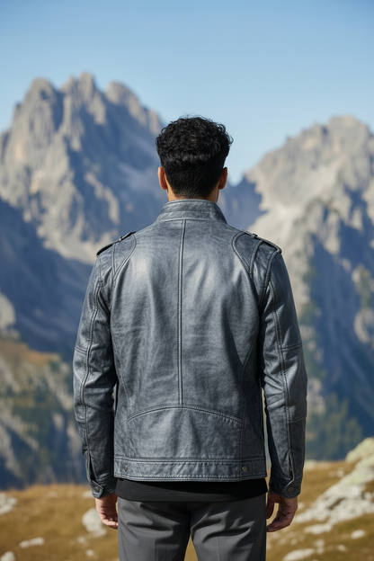 Stone Black Leather Biker Jacket