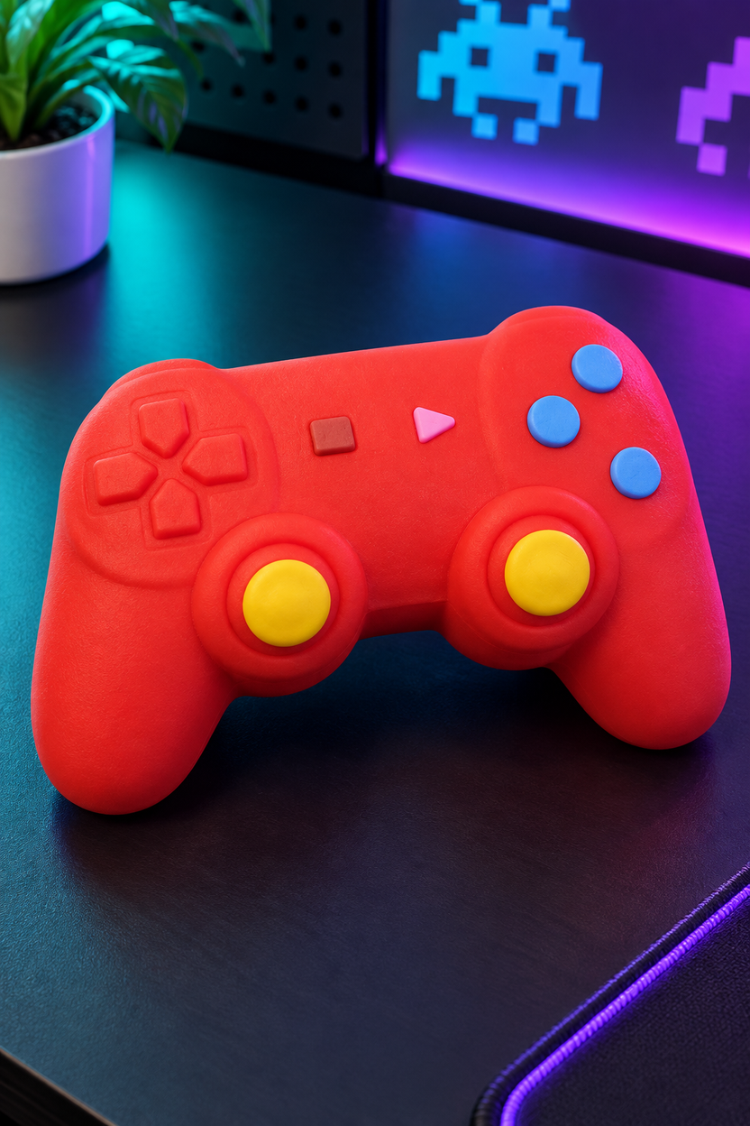 Red Jumbo Squishy Gamepad displayed on a gaming desk