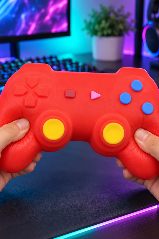 Hands squeezing the red Jumbo Squishy Gamepad
