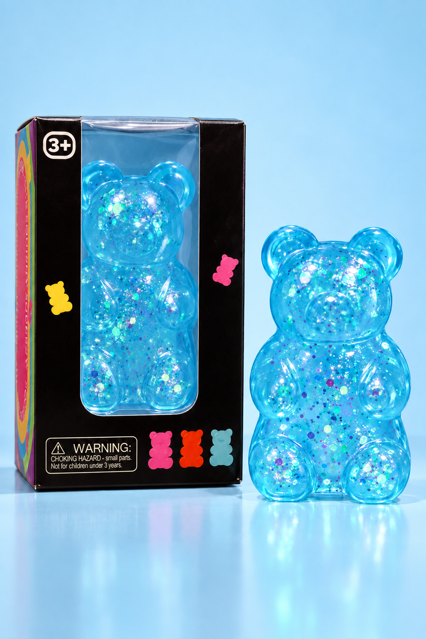 Blue glitter gummy bear squishy with window box; AI assisted color visualization