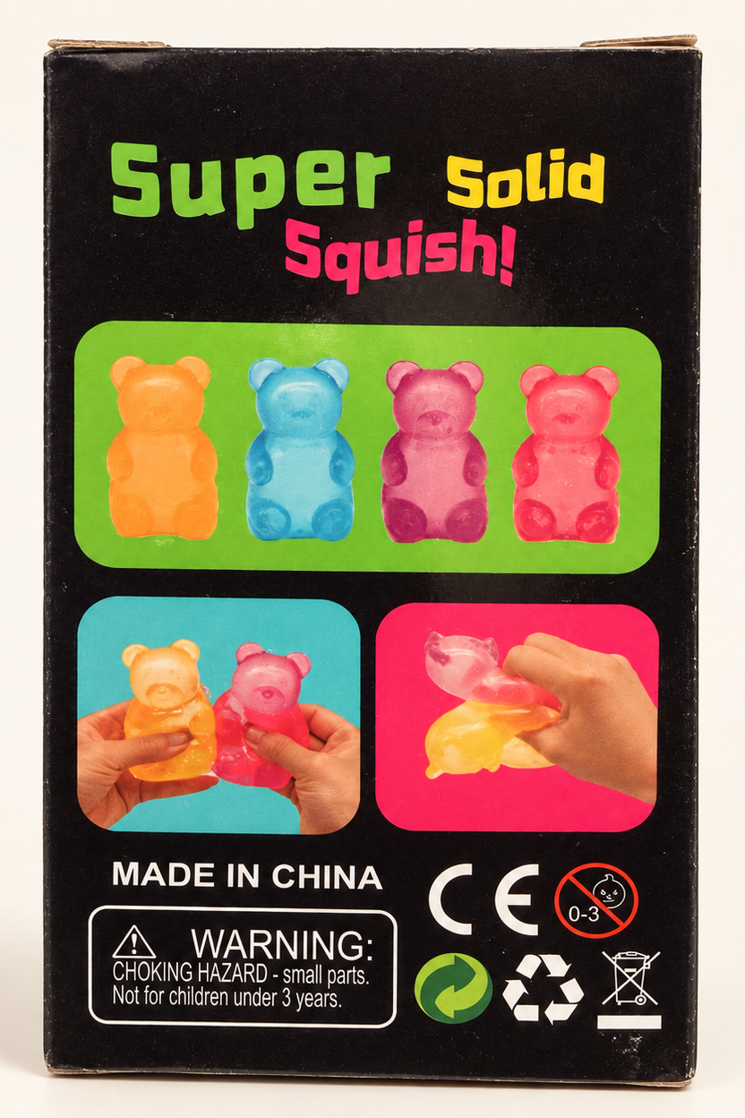 Rear packaging of gummy bear squishy showing Super Solid Squish graphics and choking hazard warning; AI-assisted cleanup