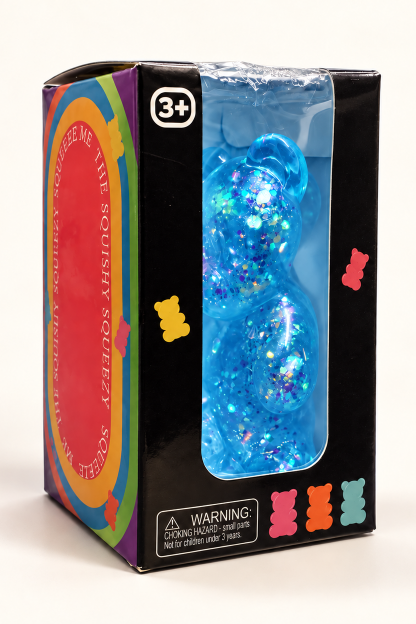 Blue gummy bear squishy angled window box, AI color visualization, not a photo of blue stock