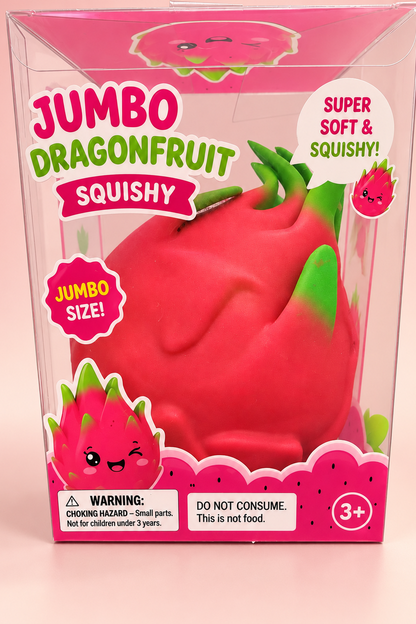 Jumbo dragonfruit squishy in clear retail box, clean studio front view, AI assisted
