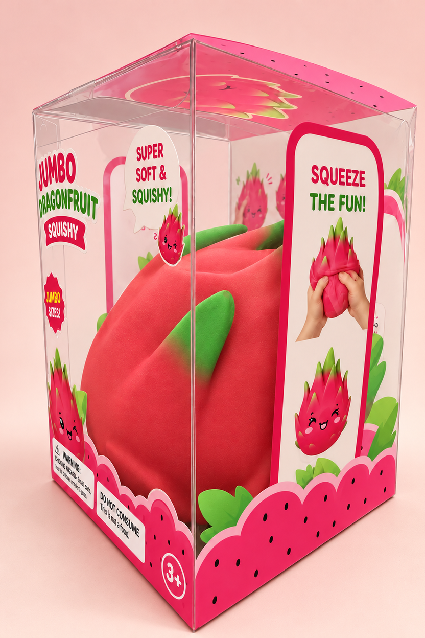 Jumbo dragonfruit squishy in clear retail box, angled side view, AI assisted
