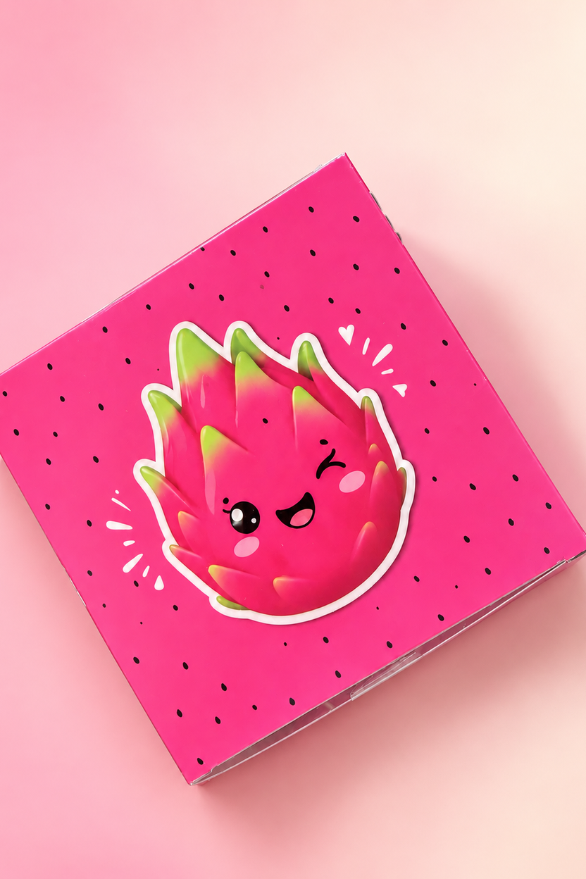 Pink top panel of dragonfruit squishy package with fruit character, AI assisted