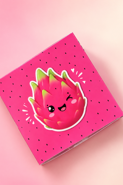 Pink top panel of dragonfruit squishy package with fruit character, AI assisted