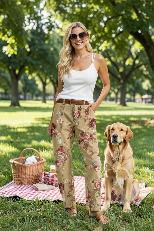 Mid Rise Floral Cropped Barrel Jeans