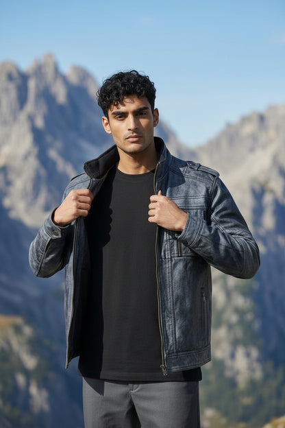 Stone Black Leather Biker Jacket