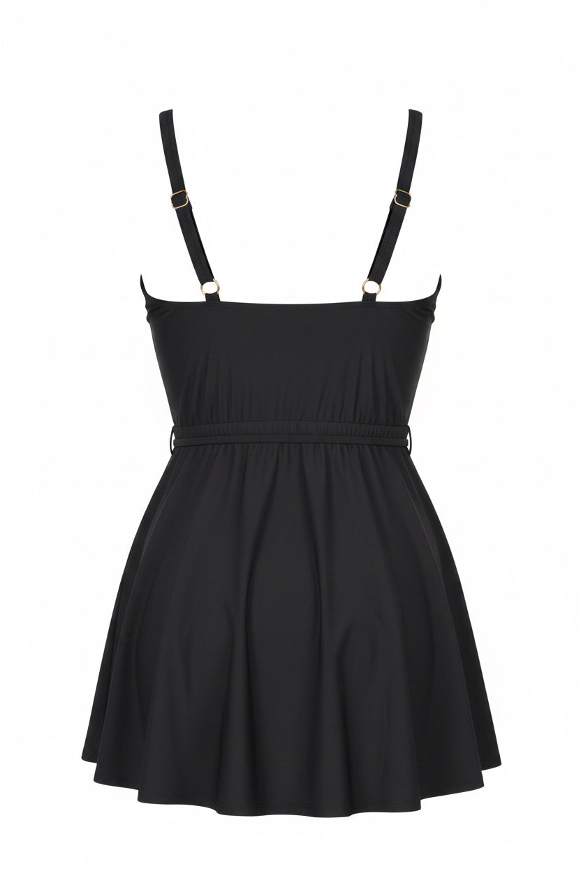 Black Belted Shaping Swim Dress