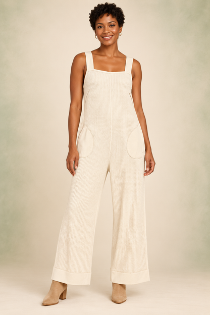 Zenana CP-3456Y Cream waffle-knit wide-leg jumpsuit, front model view