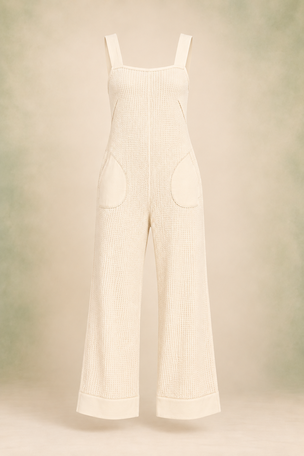 Zenana CP-3456Y Cream waffle-knit wide-leg jumpsuit, front ghost mannequin view