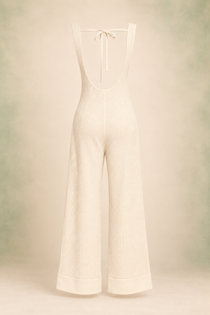 Zenana CP-3456Y Cream waffle-knit wide-leg jumpsuit, back ghost mannequin view
