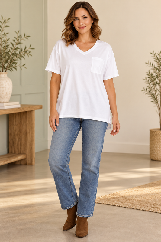 Zenana CT-3088M8 White V-neck pocket tee — hero model view