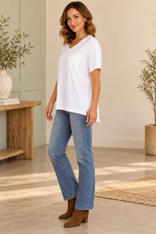 Zenana CT-3088M8 White V-neck pocket tee — left model view