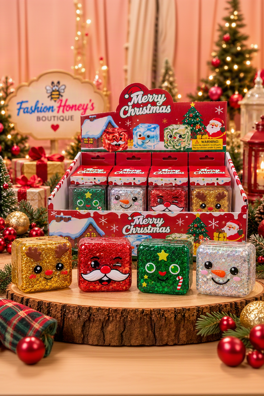 Christmas Glitter Cube Squishies all four colors with festive retail display
