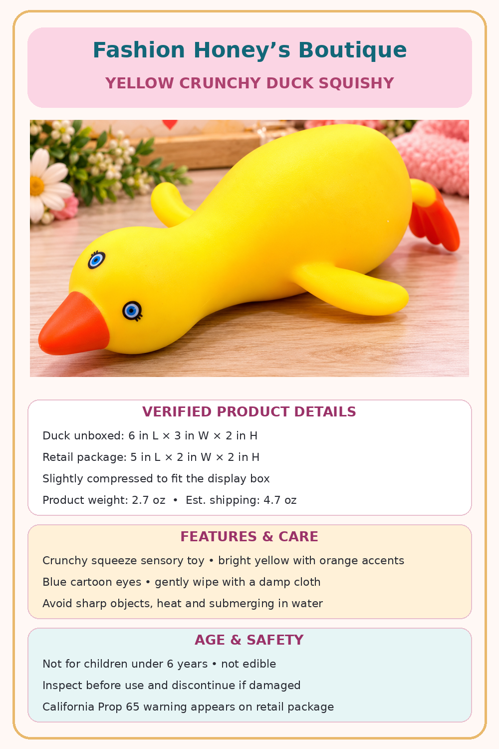 Yellow Crunchy Duck Squishy verified dimensions, care, age and safety guide