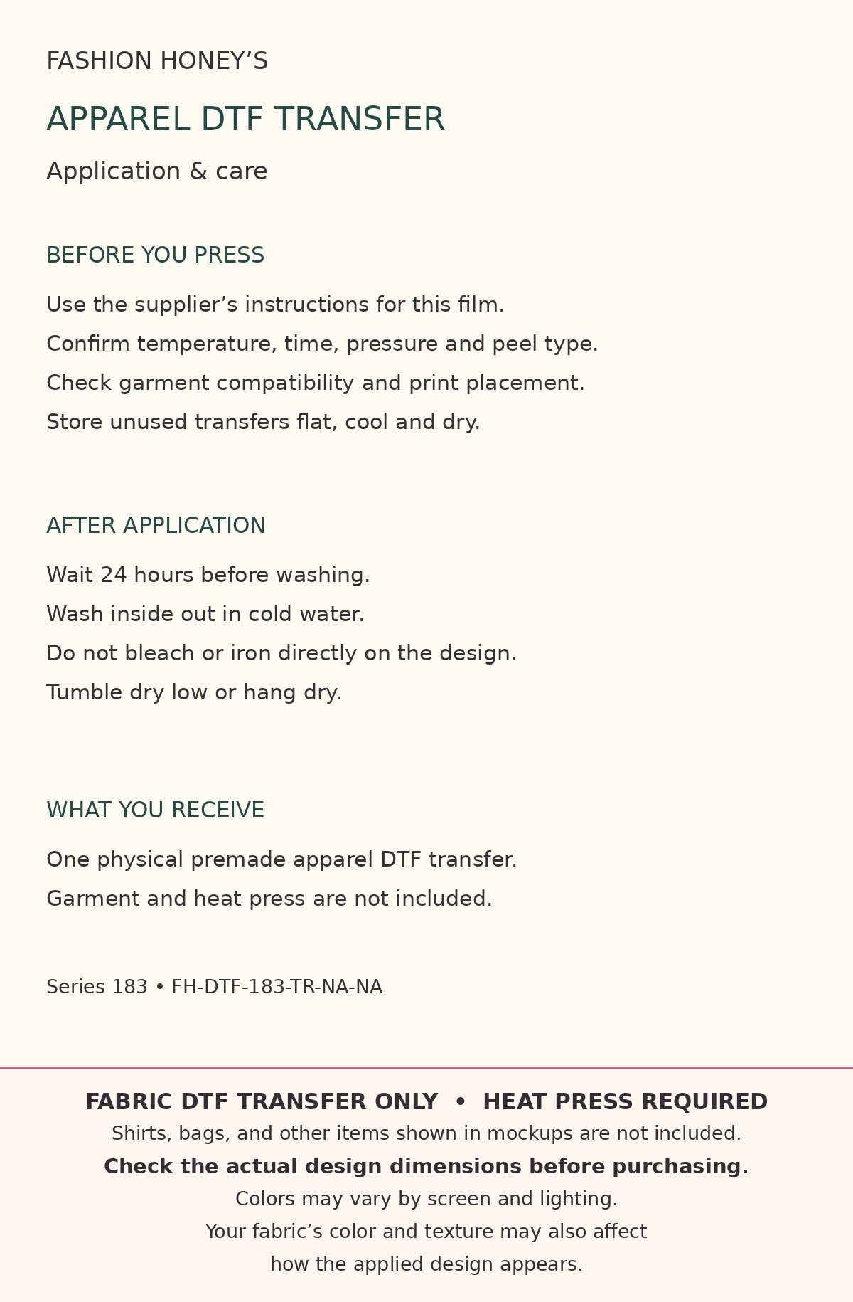 Highland cow fabric DTF care. Transfer only; heat press required. Check dimensions. Colors vary with screen, lighting and fabric.
