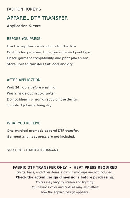 Highland cow fabric DTF care. Transfer only; heat press required. Check dimensions. Colors vary with screen, lighting and fabric.