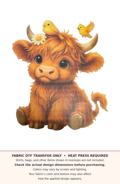 Highland cow fabric DTF hero. Transfer only; heat press required. Check dimensions. Colors vary with screen, lighting and fabric.