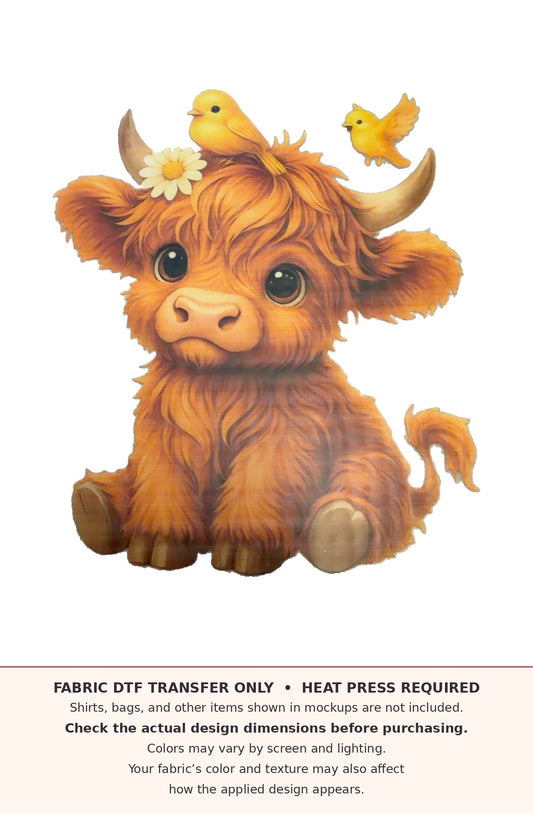 Highland cow fabric DTF hero. Transfer only; heat press required. Check dimensions. Colors vary with screen, lighting and fabric.